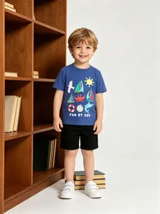 T-Shirt en Coton d'Été pour Garçons Imprimé Cartoon Nautique Manches Courtes Col Rond Haut Vêtements Enfant Confortables