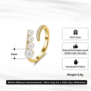 S925 silver open ring with natural freshwater pearls and AAAA cubic zirconia stones