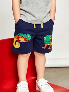 Boys Summer Cotton Shorts Cartoon Chameleon Embroidered Casual Sports Knit Half Pants For Kids Comfortable Breathable Clothing