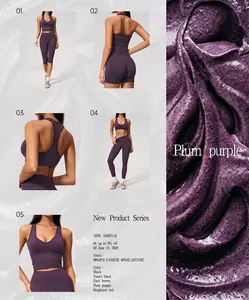 Collage of plum purple seamless yoga set with detailed fabric info and model views.