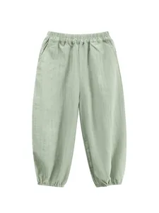 Soft breathable light green children's mosquito pants with elastic waist and cuffs.