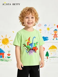 T-Shirt pour Garçons avec Imprimé Dinosaure de Dessin Animé Coton Vert Néon Col Rond Manches Courtes Été Décontracté Sport
