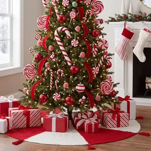 Festive 48-inch red and white knitted Christmas tree skirt with decorative tassels