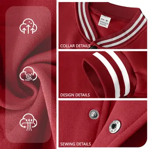 Close-up details of burgundy varsity jacket with striped collar and ribbed cuffs