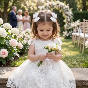 Detalle de pinzas para el pelo con lazo de encaje y perlas en una niña durante una boda
