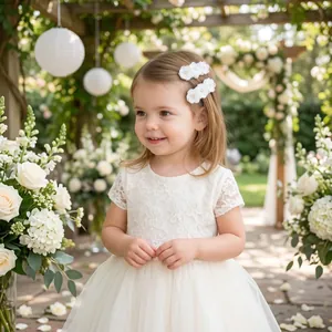 Detalle de pinzas para el pelo con flores blancas bordadas y perlas en una niña pequeña