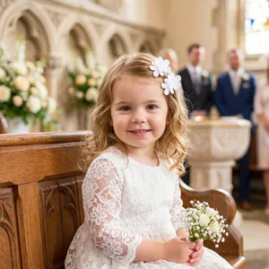 Niña con delicadas pinces de flores de encaje blanco durante una ceremonia de boda