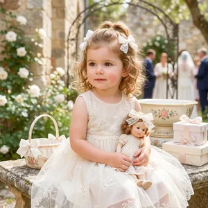 Primer plano de elegantes lazos de encaje crema con bordado de perlas para niña pequeña