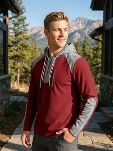 Men's outdoor burgundy waffle-knit hoodie with grey color-block and lace-up neck