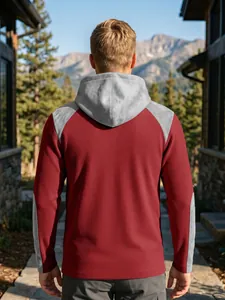 Vue arrière détaillée d'un sweat à capuche en maille gaufrée pour homme rouge et gris