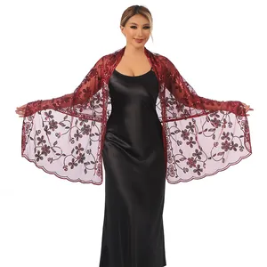 Burgundy mesh shawl with sequin floral embroidery and scalloped edges for weddings