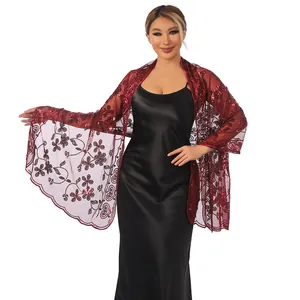 Elegant wine red floral embroidered shawl with sequins for wedding and evening party dresses.