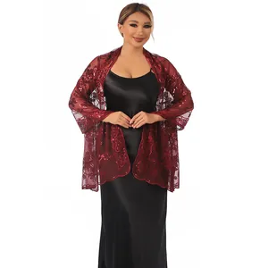Elegant burgundy sheer sequin embroidered shawl for bridal wedding or evening party