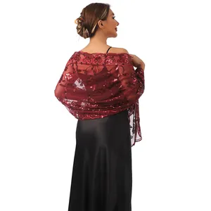 Detailed view of elegant burgundy sequin embroidered shawl for formal evening wear.