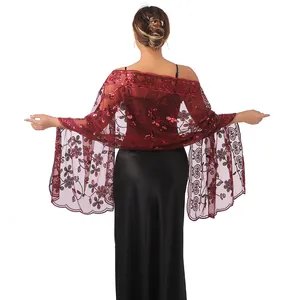 Back view of burgundy embroidered sequin shawl for wedding and party dresses