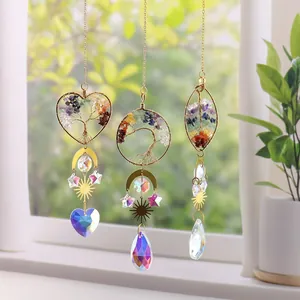 Tree Of Life Suncatcher Hanging Ornament With Chakra Crystal Stones And Rainbow Maker AB Prism Window Decoration Boho Gold Metal