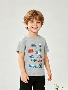 Boys Cotton Short Sleeve T-Shirt Grey Melange Cartoon Camping Car Print Summer Round Neck Casual Tee For Kids