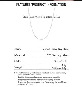 Detailed view of a minimalist 925 sterling silver bead chain necklace with measurements