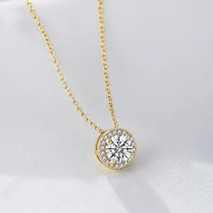 925 Sterling Silver Round Halo Pendant Necklace For Women Elegant Brilliant Cut Zircon Inlaid Clavicle Chain Jewelry
