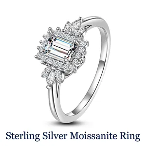 925 Sterling Silver Ring Emerald Cut Moissanite Flower Halo Engagement Wedding Band For Women Elegant Jewelry