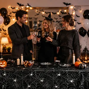 Friends celebrating at a festive Halloween party with a spider web pattern tablecloth.