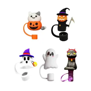 Set of 5 Halloween cartoon silicone straw toppers for 10mm straws, cute festive designs