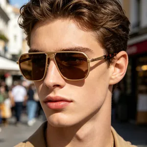 Men Square Frame Metal Sunglasses Retro UV400 Protection Fashion Double Bridge Outdoor Driving Eyewear
