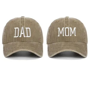 Front view of washed cotton baseball caps with DAD and MOM embroidery details