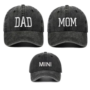 Three-piece family matching set of washed cotton baseball caps with embroidery.