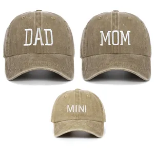 Set of three washed cotton baseball caps with white Dad Mom Mini embroidery details