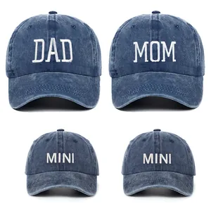 Family matching set of washed cotton baseball caps with DAD, MOM, and MINI embroidery