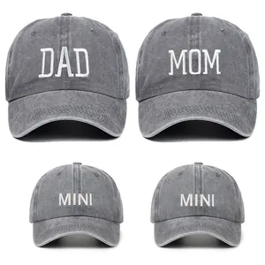 Family matching washed cotton baseball cap set with white Dad Mom Mini embroidery