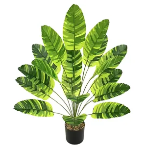 Artificial 18-leaf variegated traveler's banana plant in black pot for home decoration