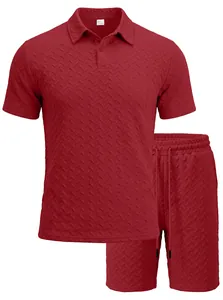 Detailed view of a red men's jacquard short sleeve polo shirt and matching shorts set