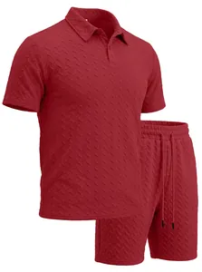 Detailed view of wine red men's jacquard Polo shirt and shorts leisure set