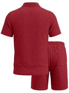 Back view of men's burgundy casual set with textured jacquard herringbone pattern