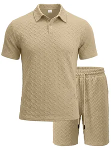Men's casual short sleeve polo shirt and shorts set with textured jacquard knit