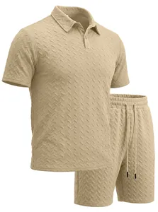Macro view of men's summer Polo set featuring detailed chevron textured jacquard fabric