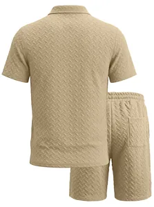 Back view of men's beige polo shirt and shorts set with herringbone jacquard texture.