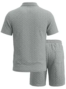 Back view of grey men's short-sleeve Polo and shorts set with herringbone texture.