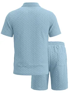 Detailed back view of light blue men's casual textured jacquard polo shirt and shorts set