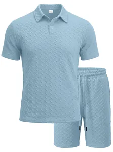 Detailed texture view of men's blue summer casual jacquard Polo shirt and shorts set