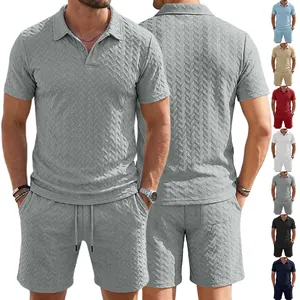 Men's Polo Shirt And Shorts Polyester Textured Jacquard Summer Casual Beach Vacation Short Sleeve Lapel Loose Fit