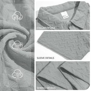 Men's gray jacquard Polo shirt detail view showing collar, sleeve, and breathable fabric