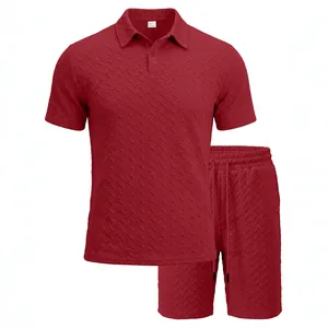 Men's summer casual jacquard short sleeve polo shirt and shorts set in deep burgundy red