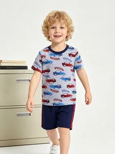 Jungen Sommer Lässige Kleidung Baumwolle Kurzarm Bedrucktes Rennwagen Oberteil Und Shorts Zwei Teile Westlicher Stil Sportbekleidung