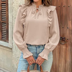 Women Elegant Ruffle Long Sleeve Blouse Laced Up Stand Collar Smocked Cuff Solid Color Apricot Shirt For Office Daily Party