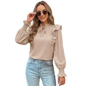 Elegant beige long sleeve blouse with ruffles and tie-neck design for women