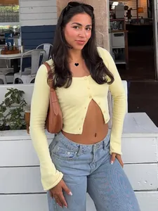 Women Cropped Cardigan Top Button Down Ribbed Knit Slim Fit Long Sleeve U Neck Casual Streetwear Chic Solid Color