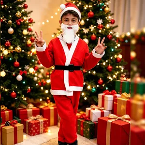 Complete festive red Santa Claus five-piece costume set for boys holiday performance